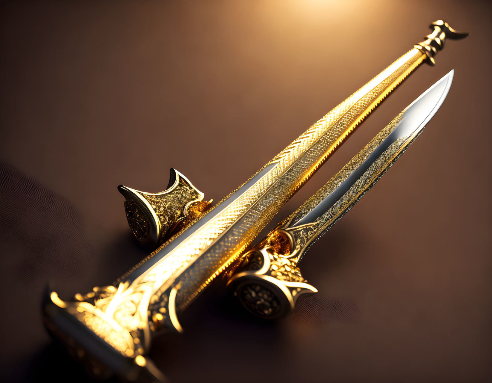 Intricate Golden Sword with Gleaming Blade on Dark Background