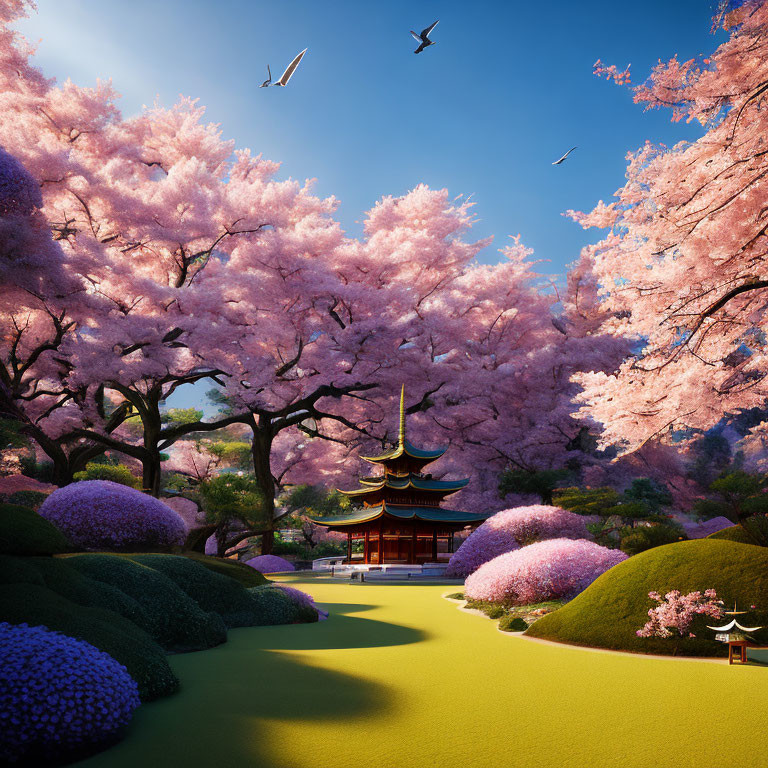 Tranquil garden scene with pink cherry blossoms, pagoda, birds, and greenery