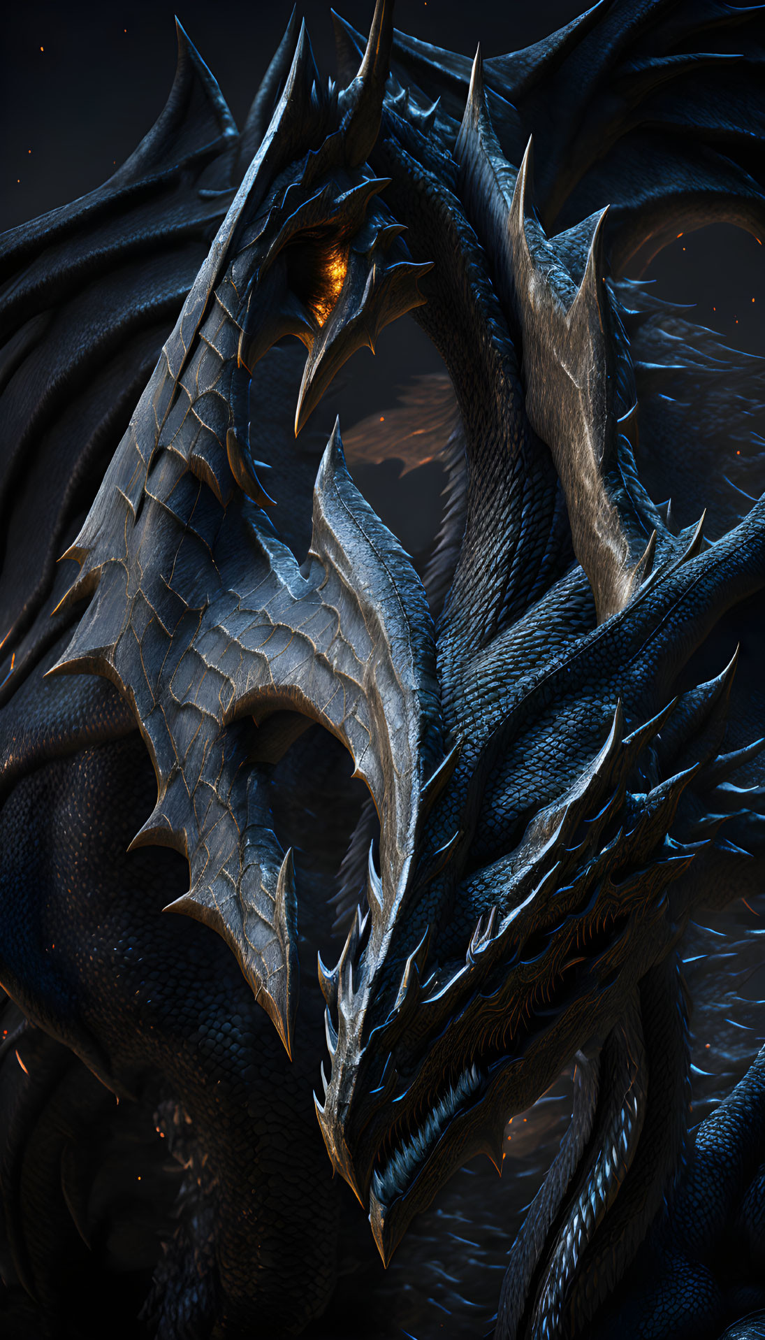 Detailed Dragon with Blue-Black Scales and Golden Eyes on Dark Starry Background