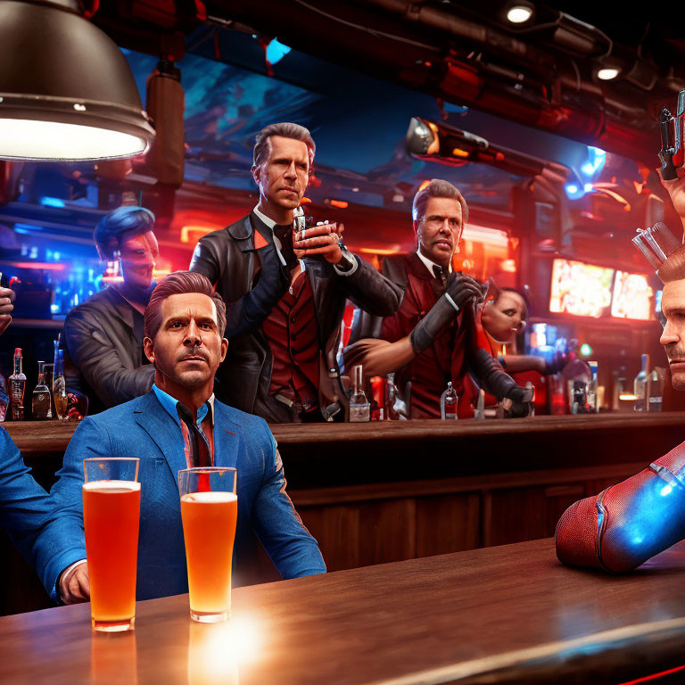 Stylized image of men in suits at a bar with vibrant lighting