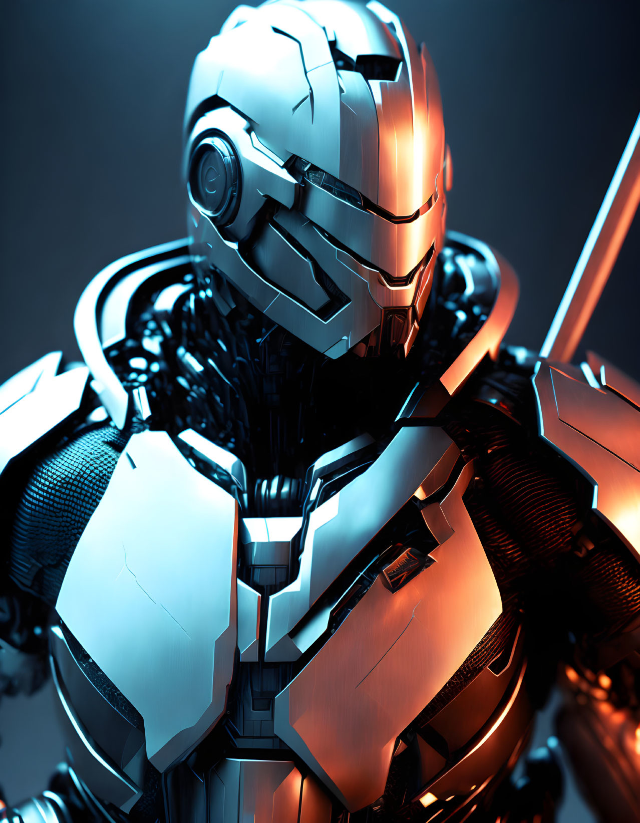 Detailed Metallic Armor on Futuristic Robotic Figure in Blue Light