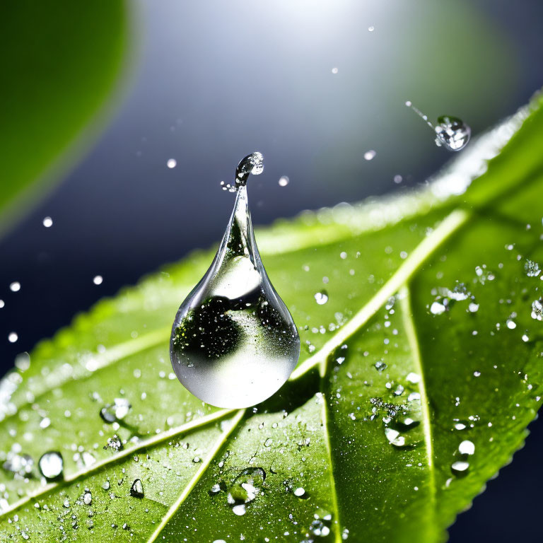 Macro photography of water droplet on green leaf with dark background