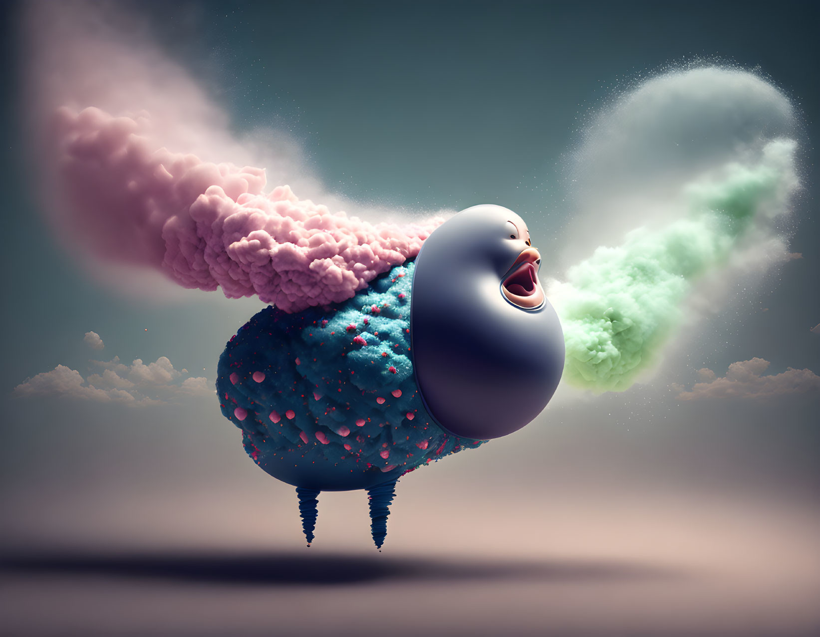 Colorful bird-like creature with pink cloud wings and green smoke in cloudy sky