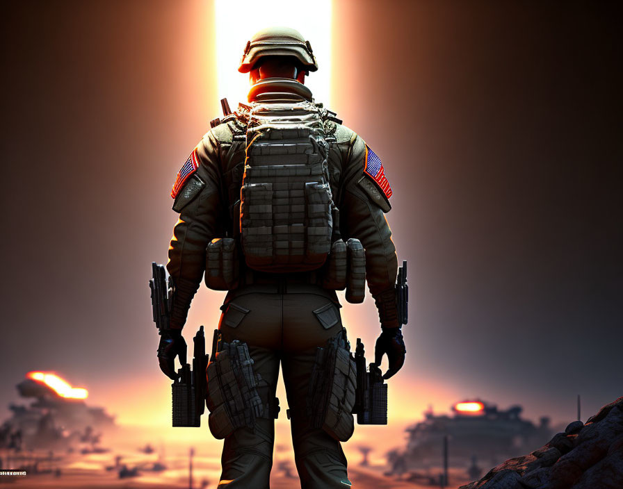 Silhouetted soldier in gear with American flag at sunset