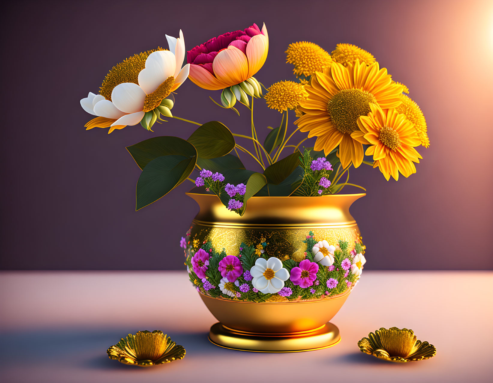 Colorful digital flowers in golden vase on purple gradient background