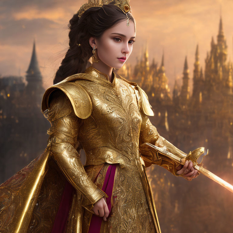 Golden-armored woman with sword in front of fantasy castle at sunset