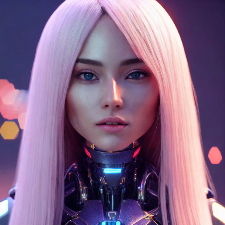 Realistic Female Robot with Pink Hair and Futuristic Black Suit