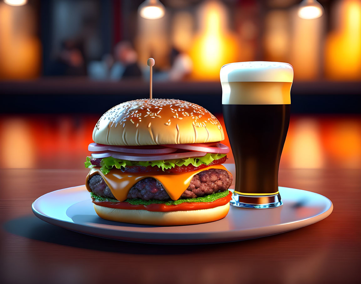 Classic cheeseburger with lettuce, tomato, onion, and dark beer on a bar plate.