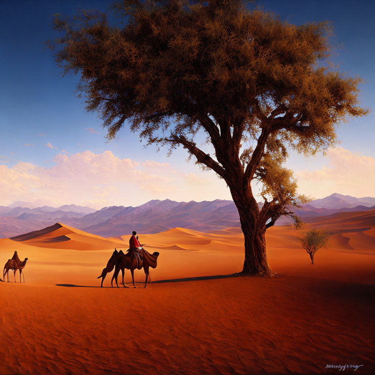 Person riding camel under large tree in serene desert landscape