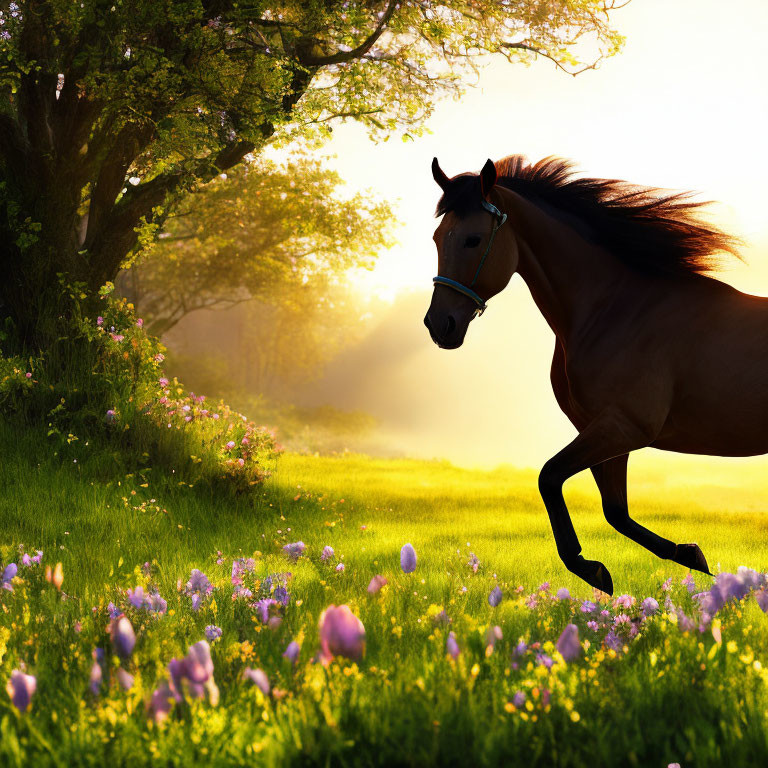 Majestic horse galloping in sunny meadow with flowers