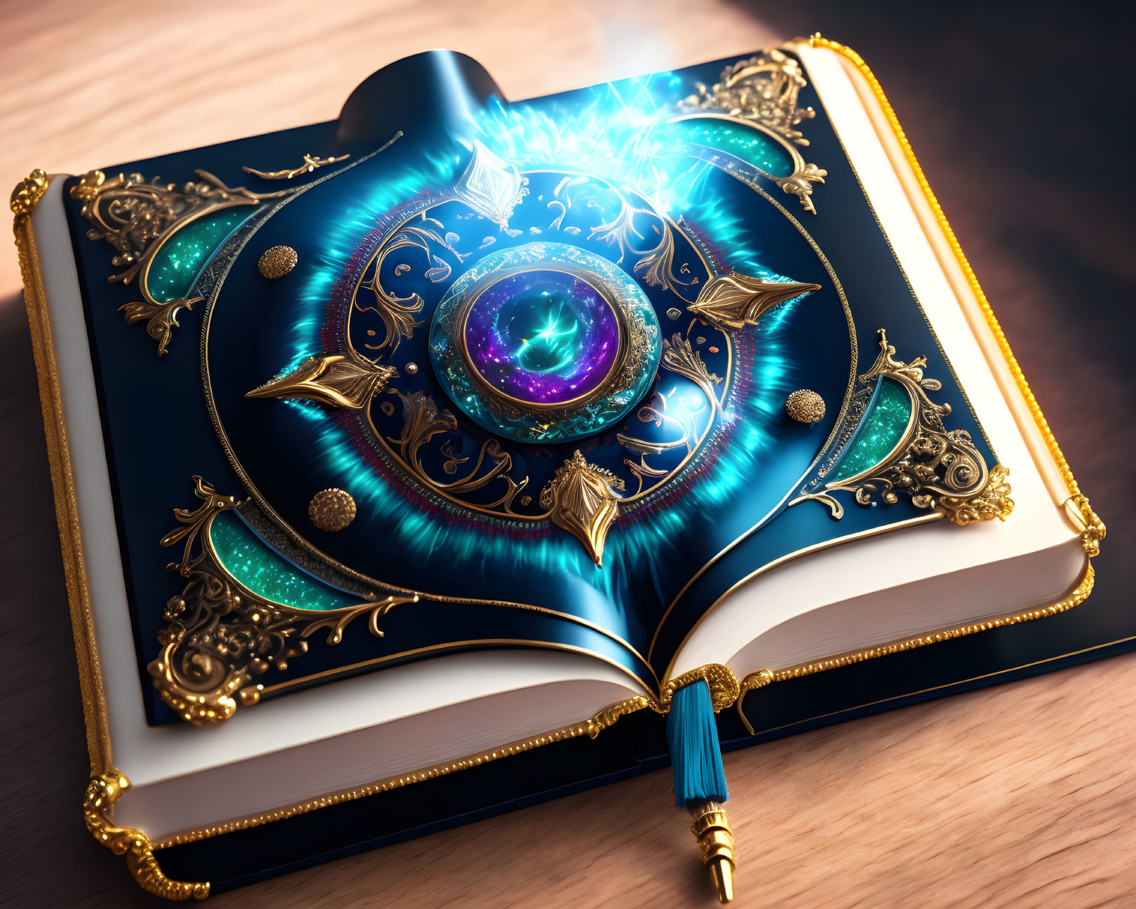 Ornate glowing gemstone book on mystical wooden surface