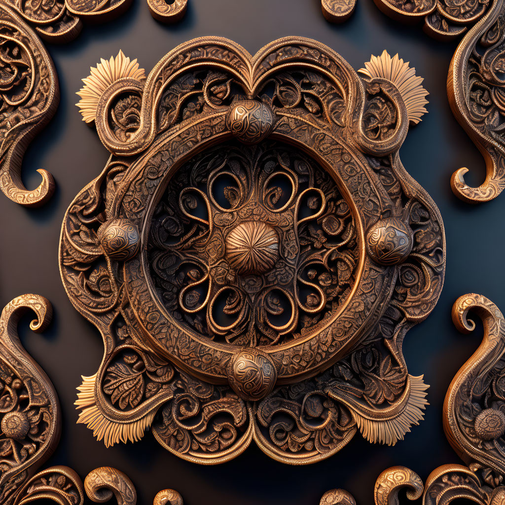 Bronze relief featuring ornate floral patterns and scrollwork on dark background