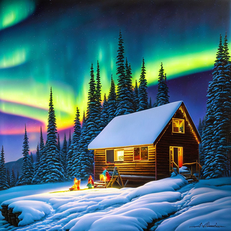 Snowy Pine Cabin Gathering Under Aurora Skies