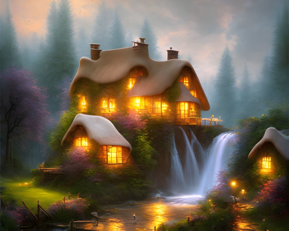 Cozy Cottage Surrounded by Waterfalls and Lush Twilight Landscape