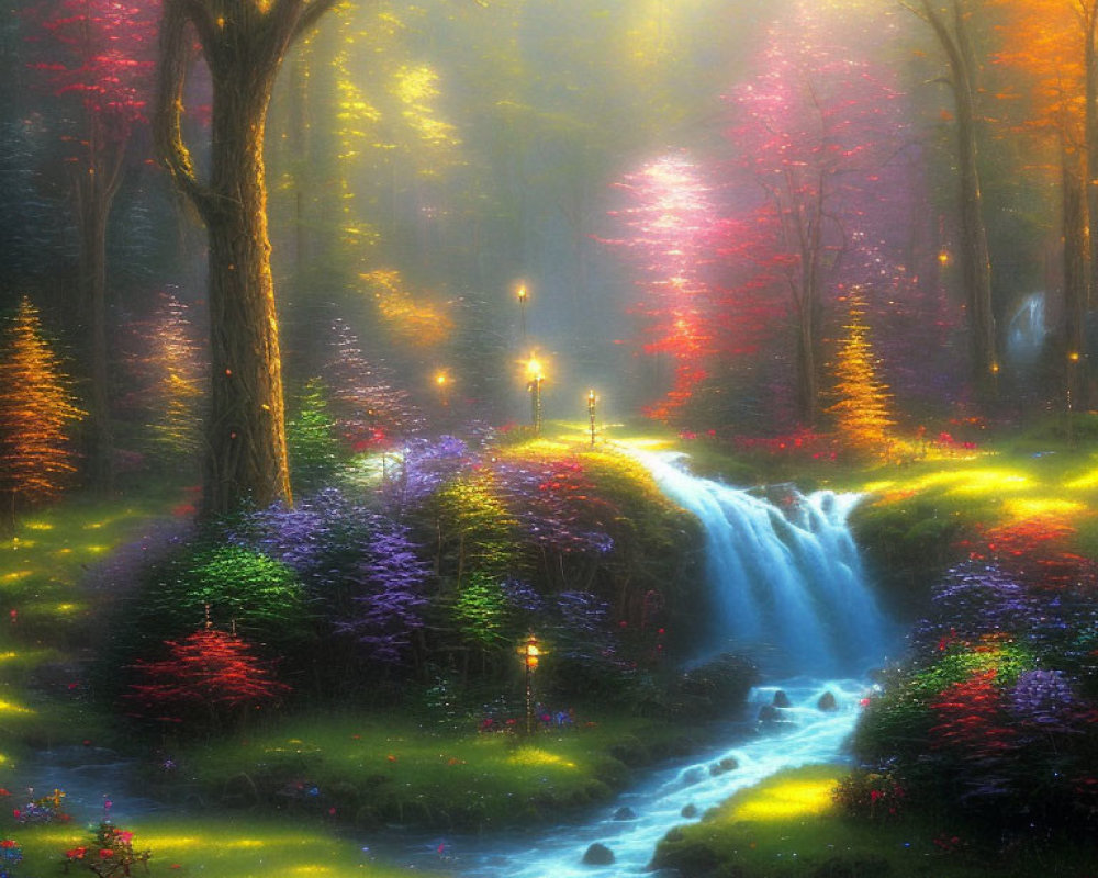 Enchanted forest scene with glowing waterfall and vibrant colors