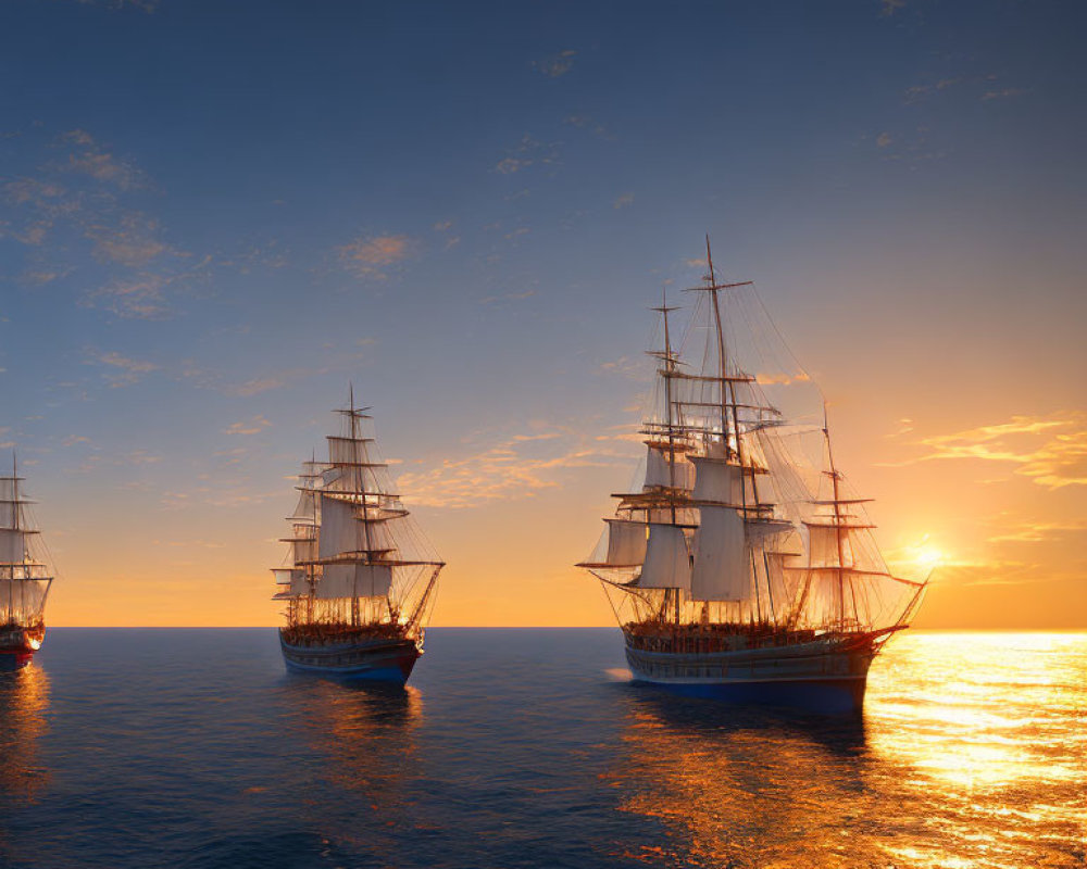 Majestic tall ships sailing on calm sea at sunset