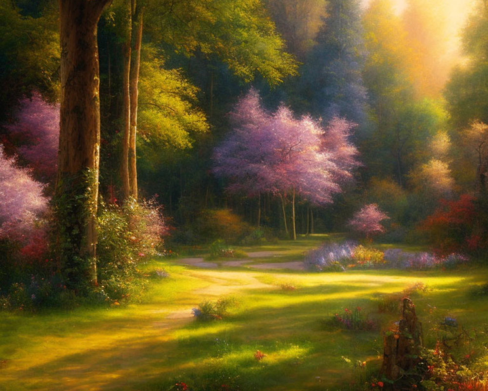 Tranquil forest path with sunlight and colorful flowers