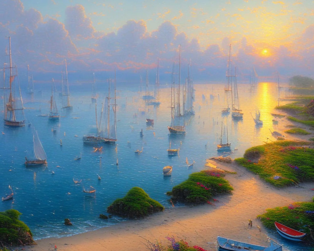 Sunset view of sailboats in tranquil bay with golden sun and lush greenery