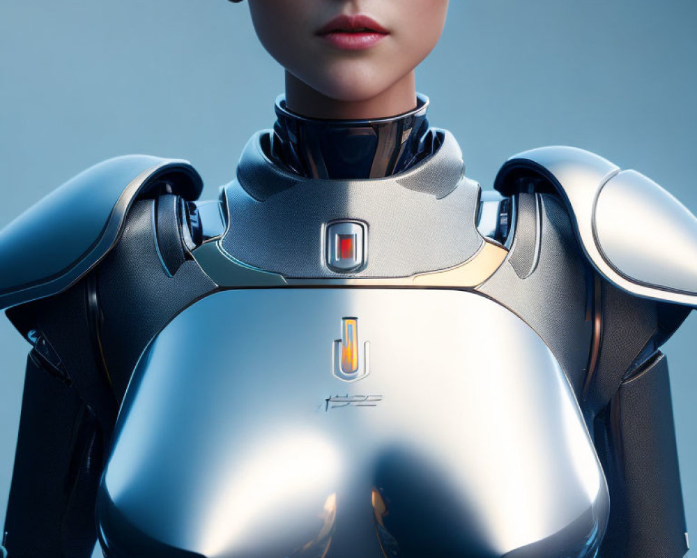 Realistic female humanoid robot in metallic armor on blue gradient background