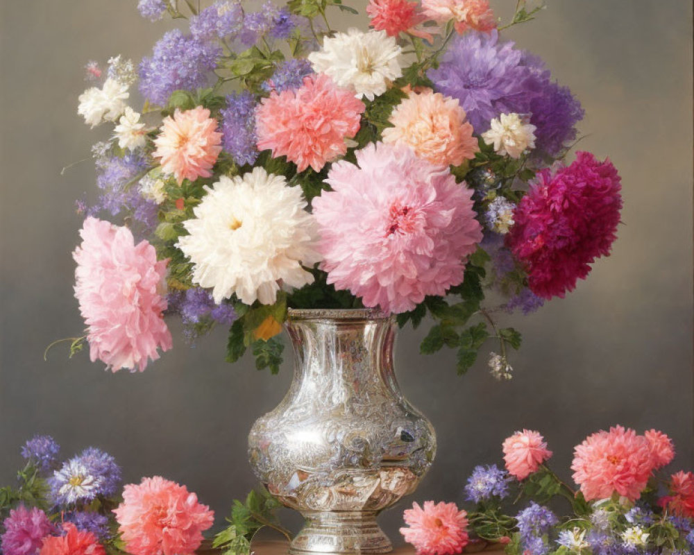 Silver vase with colorful peonies and lilacs on muted backdrop