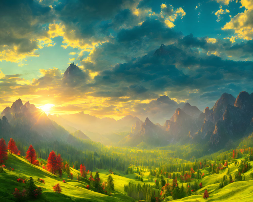 Scenic sunset over mountain landscape with green meadows