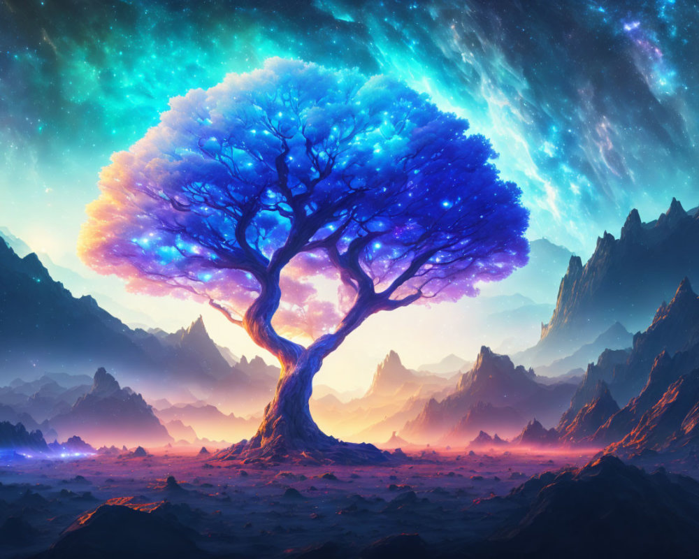 Colorful digital artwork of glowing tree in celestial setting.