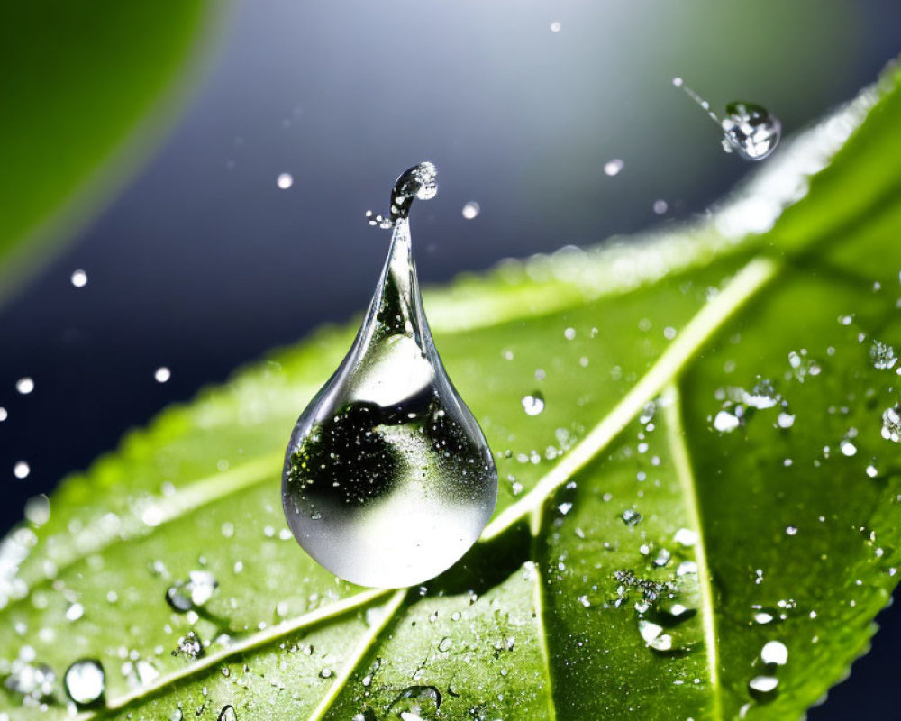 Macro photography of water droplet on green leaf with dark background