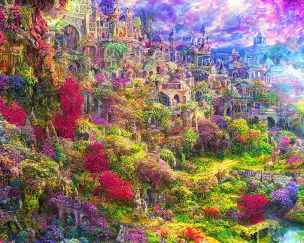 Colorful Flora and Whimsical Architecture in Surreal Landscape