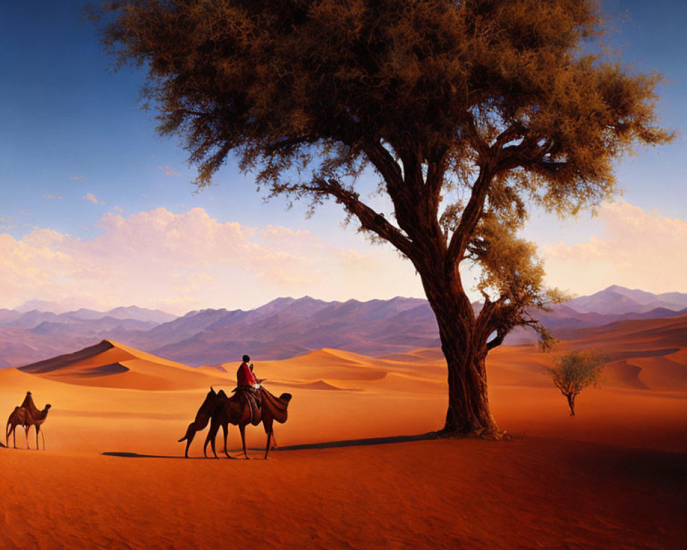 Person riding camel under large tree in serene desert landscape