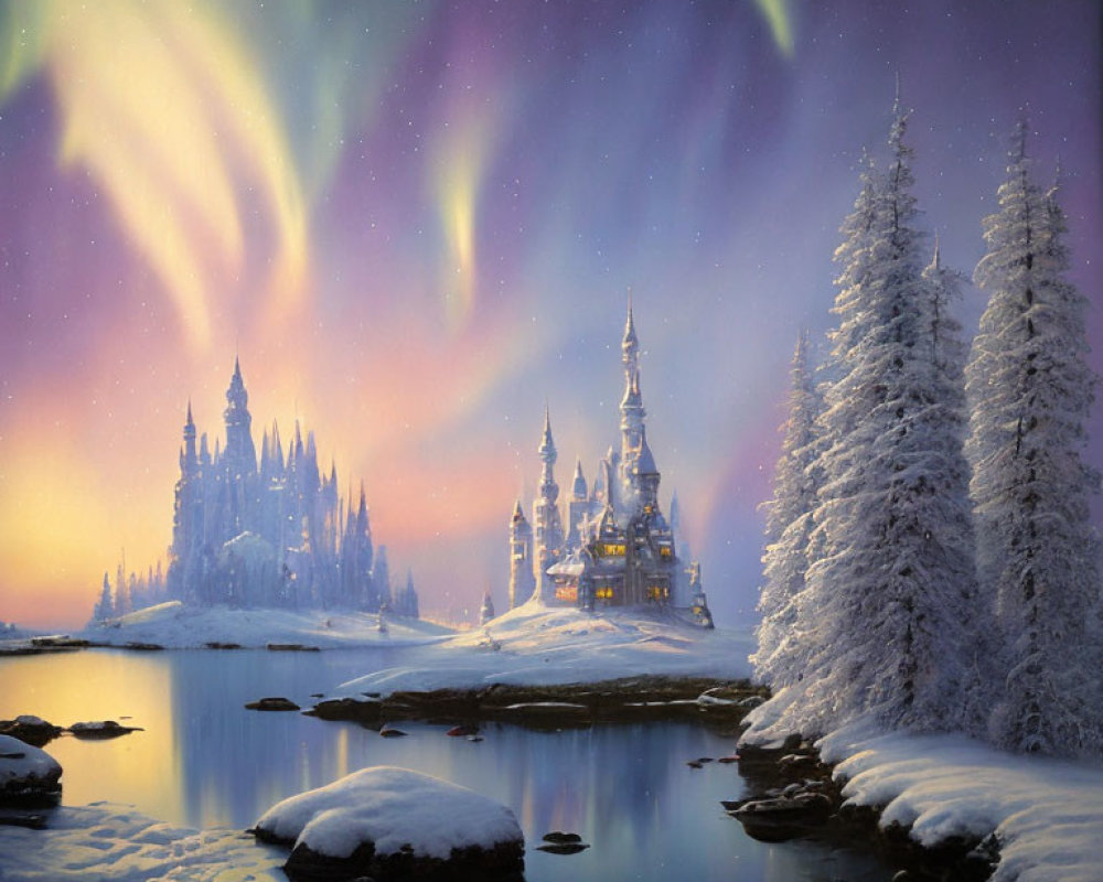 Winter scene with aurora borealis over snow-covered castle and river