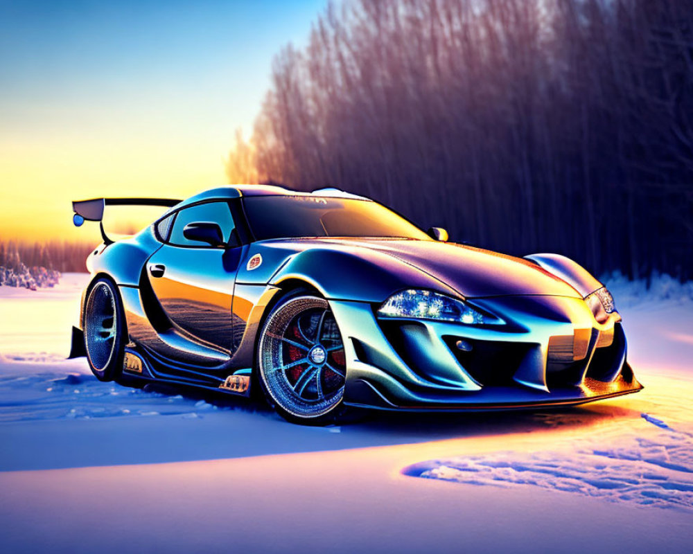 Sleek Black and Blue Modified Sports Car on Snowy Road at Dusk