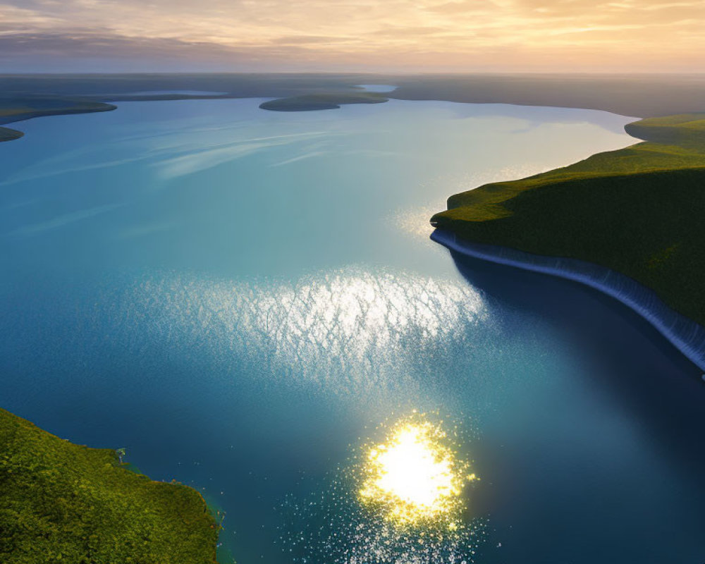 Tranquil sunset scene: sun on blue lake, green hills, meandering river.