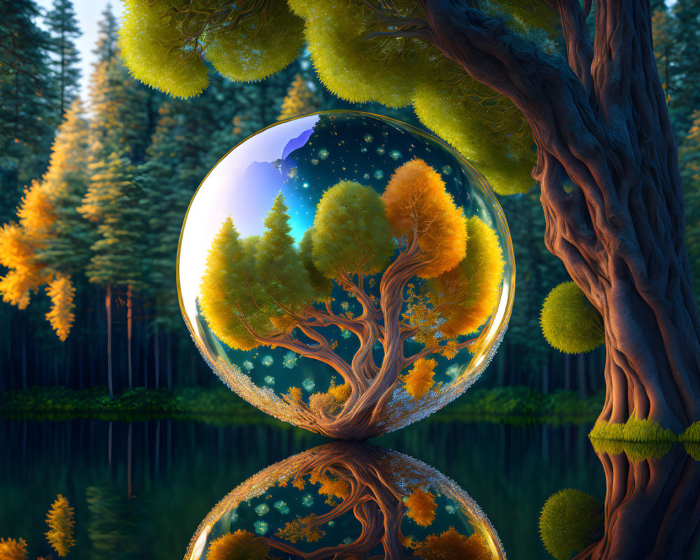 Surreal landscape with transparent sphere, golden tree, forest, and starry night sky.