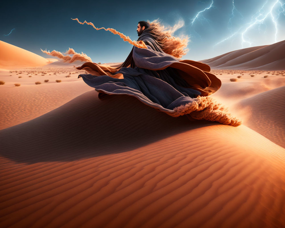 Mysterious figure on desert dune under dramatic lightning.