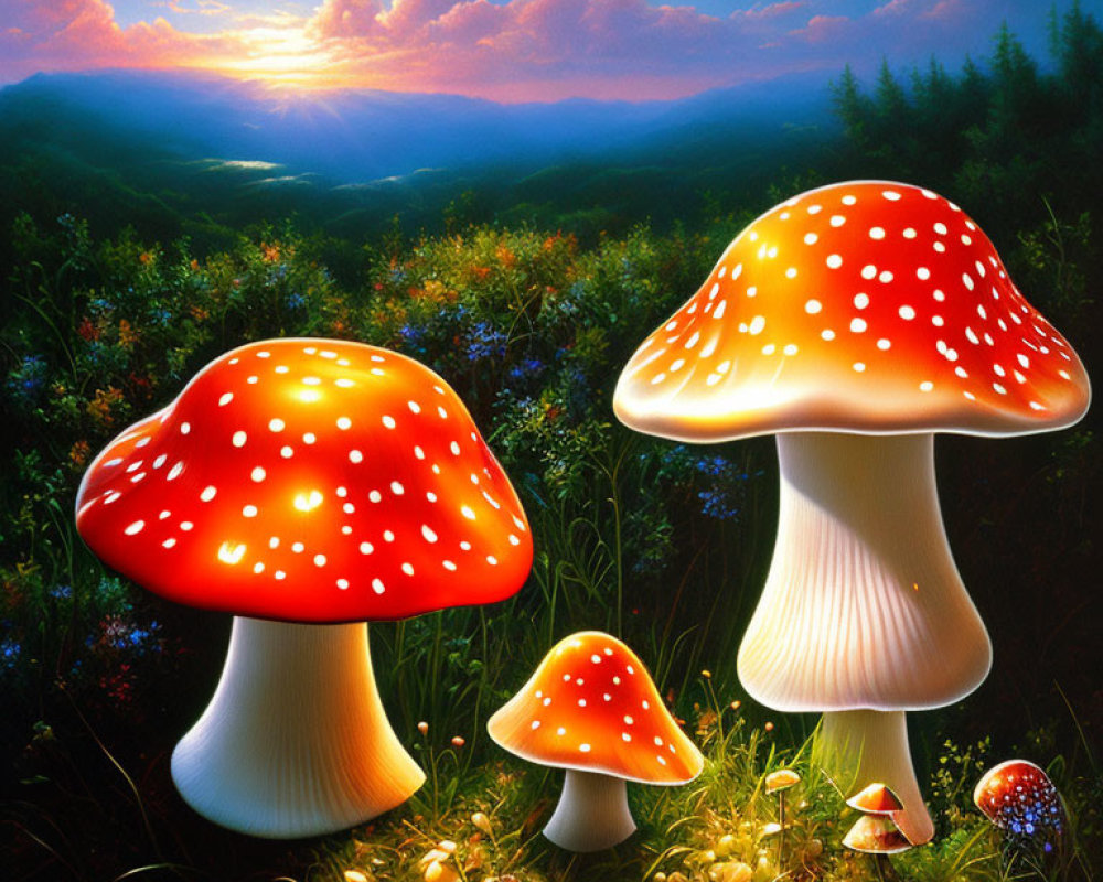 Colorful painting of oversized red-capped mushrooms in lush forest at sunset