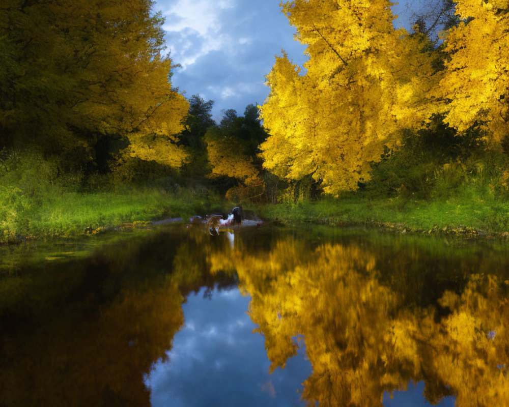 Autumn River Landscape with Yellow Trees and Cloudy Sky