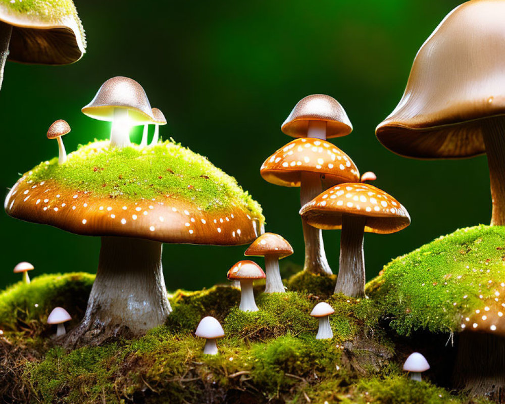 Luminous Mushroom Collection on Green Background