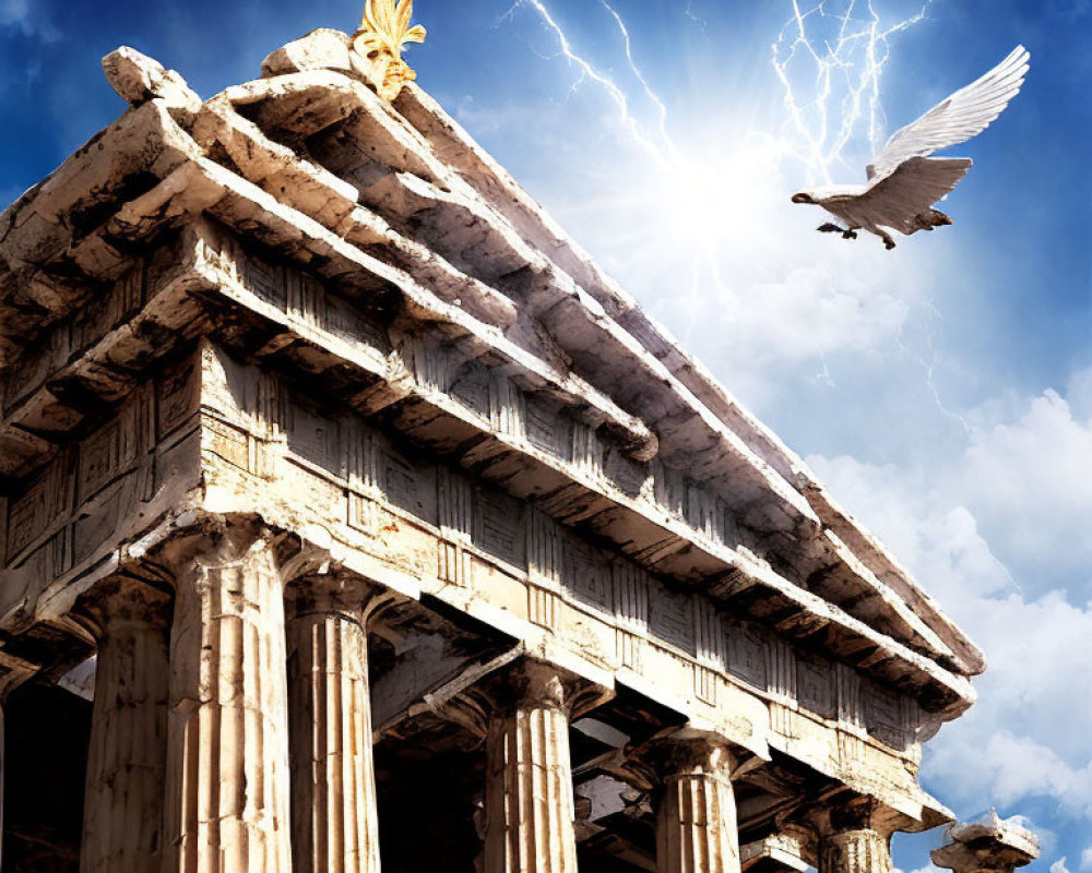 Eagle flying near ancient temple under dramatic sky with lightning