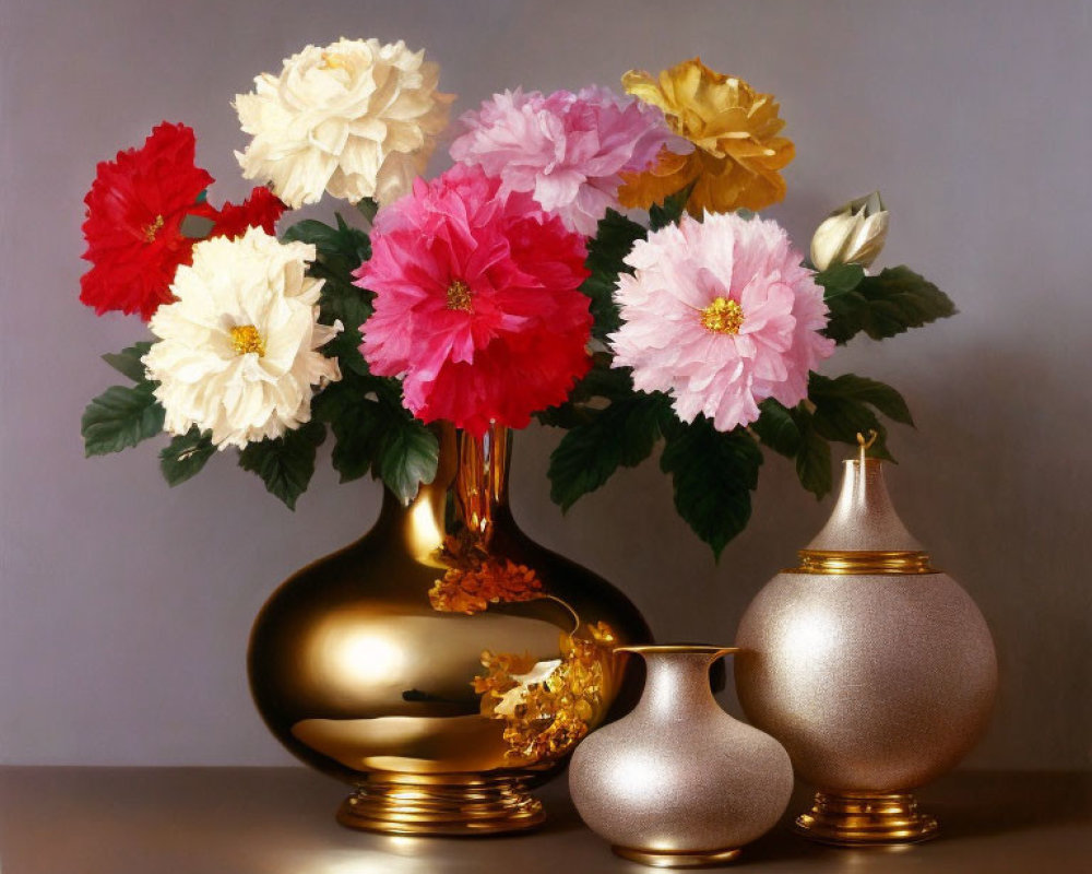 Colorful peonies in golden vase with decorative vases on neutral backdrop