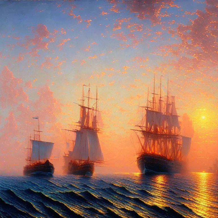 Sailing ships on ocean at sunset with golden light and cloudy sky