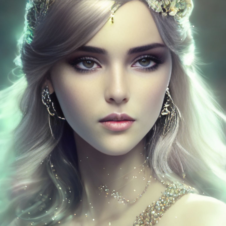 Digital portrait of woman with pale skin, large purple eyes, floral crown, intricate jewelry, on soft