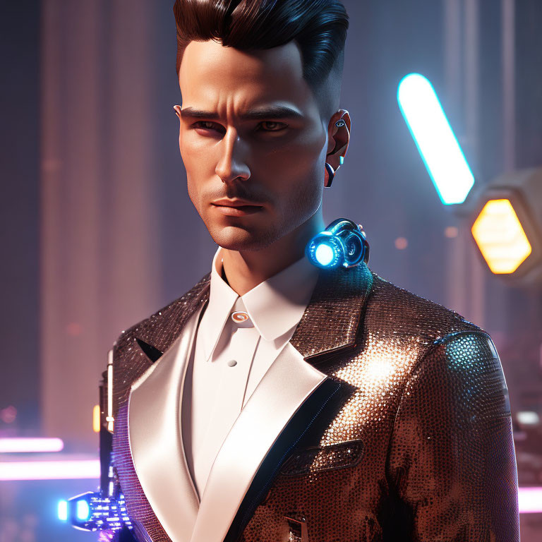 Futuristic man with cybernetic ear enhancements and neon-lit jacket