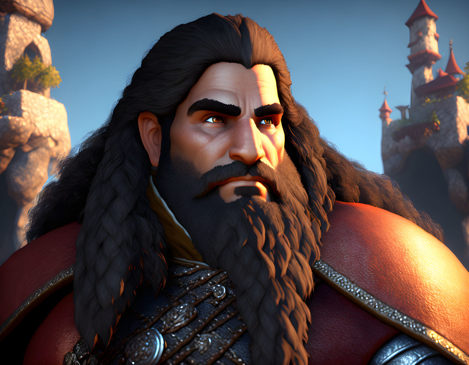 CG image of stern character with beard and armor in sunset castle scene