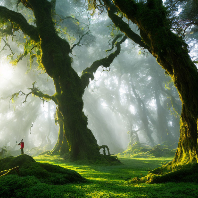 Person in Red Jacket Among Giant Moss-Covered Trees in Misty Forest