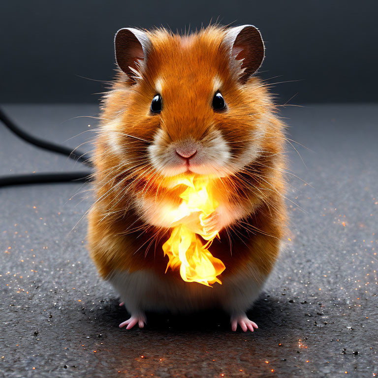 Digital artwork: Hamster with fiery orange flame on dark textured background