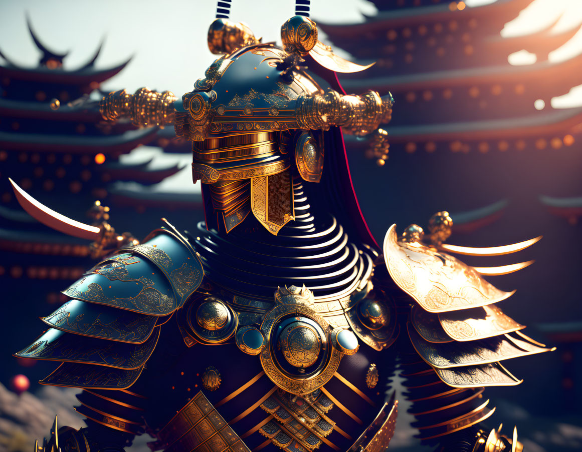 Golden-trimmed samurai armor with horned helmet in Japanese setting
