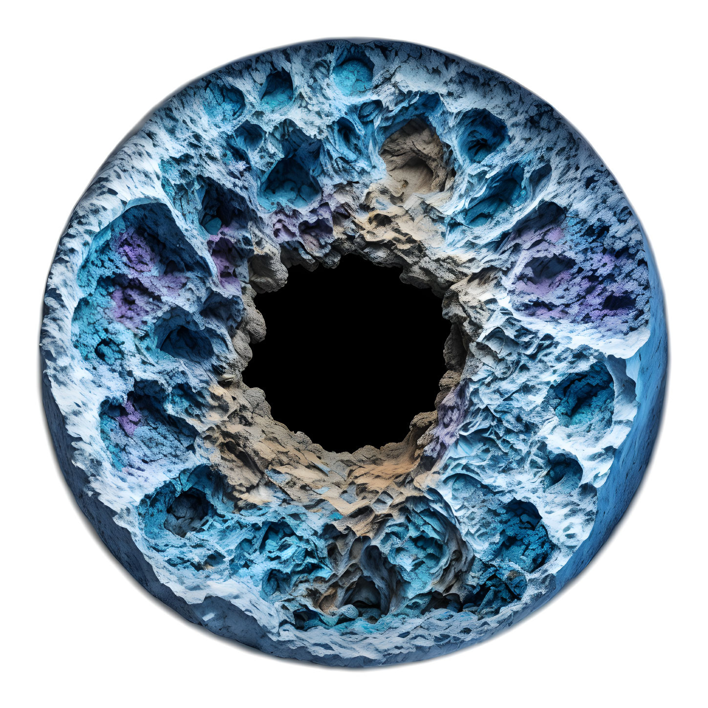 Circular 3D textured crater or cave with blue shades and rocky surfaces around a dark abyss