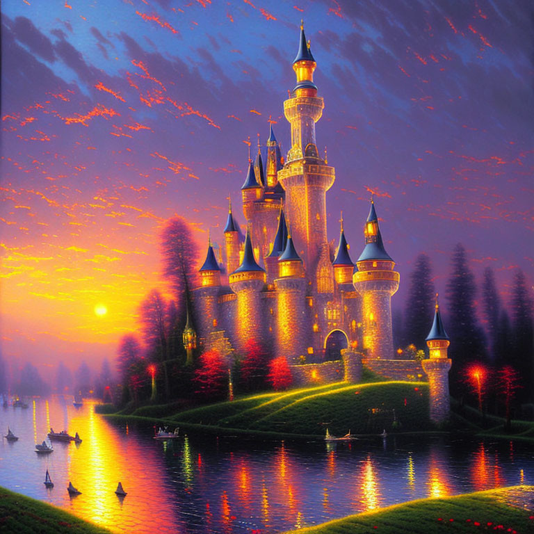 Picturesque fairy-tale castle at sunset with reflection, colorful skies, and lush greenery