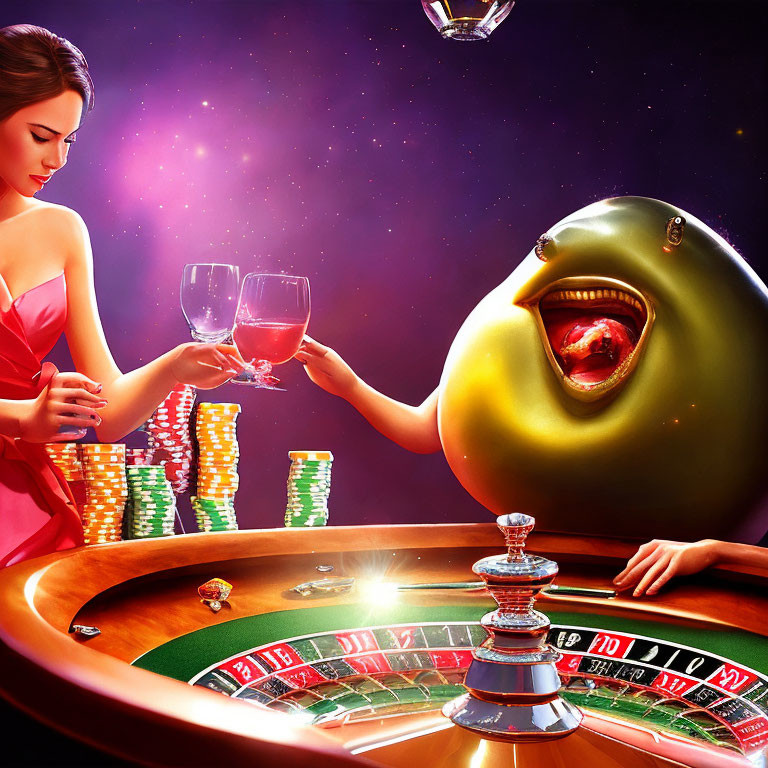 Woman in red dress toasting with golden creature at roulette table under starry sky