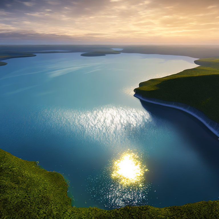 Tranquil sunset scene: sun on blue lake, green hills, meandering river.